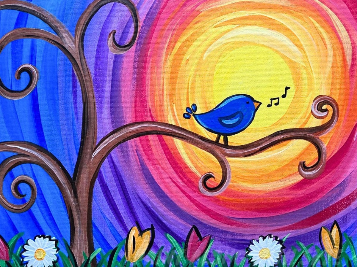 EP201- ‘Early Bird’ easy colorful spring morning with blue bird acrylic painting tutorial
